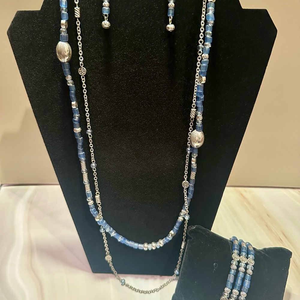 Brighton Blue and Silver Multimedia Necklace, Earring, and Bracelet Set